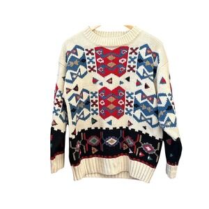 Vintage Southwestern Knit Sweater Cream Geometric 80s 90s Cozy Americana Lodge